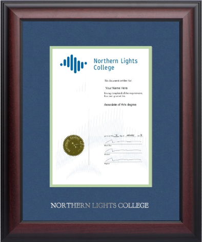 Satin mahogany diploma frame with double mat board and silver foil stamp with "NORTHERN LIGHTS COLLEGE" GOUDY 24P. (#120910-12x15-volc/ths-fs)